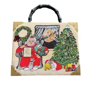 Braciano Cigar Box Purse Christmas Mrs Claus Beaded Bamboo Handle Handbag Vtg